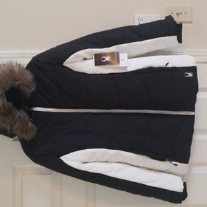 Women Spyder Black and White size medium hooded faux fur coat